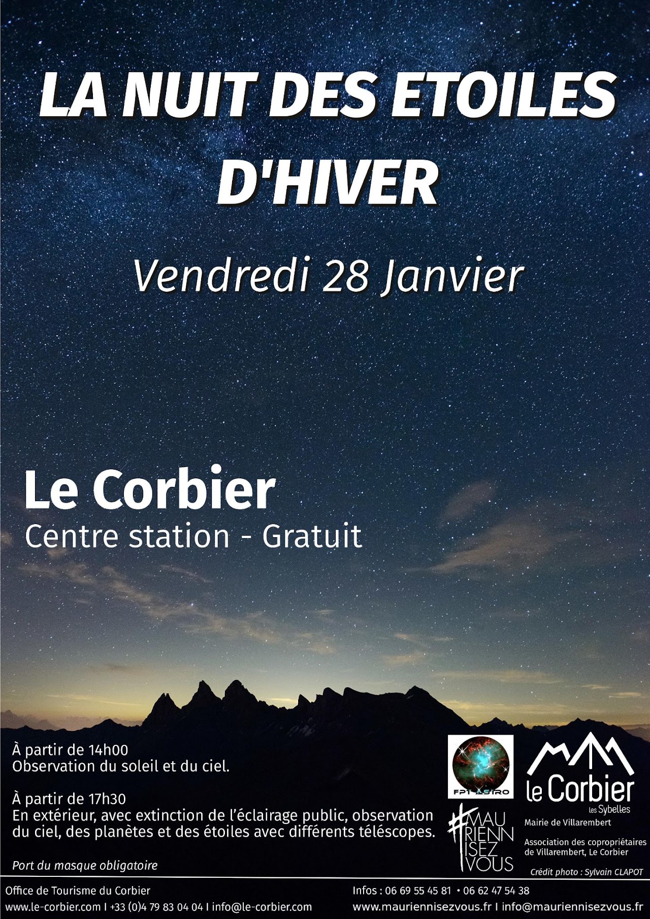 Affiche « La Nuit des étoiles d'hiver », vendredi 28 janvier 2022 au Corbier : observation du soleil et du ciel, en partenariat avec #MauriennisezVous, FPT Astro et la station Le Corbier.