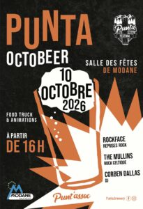 Affiche du Punta Octobeer Festival : samedi 10 octobre 2026 à partir de 16 h, salle des fêtes de Modane, avec Rockface (reprises rock), The Mullins (rock celtique) et le DJ Corben Dallas, food trucks et animations