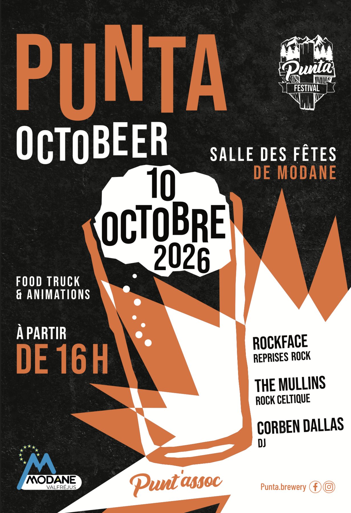 Affiche du Punta Octobeer Festival : samedi 10 octobre 2026 à partir de 16 h, salle des fêtes de Modane, avec Rockface (reprises rock), The Mullins (rock celtique) et le DJ Corben Dallas, food trucks et animations