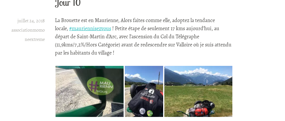 2018, capture d'écran du blog du tour de la Maurienne en brouette, « Jour 10 », étape du col du Télégraphe vers Valloire, avec le mot-clé #MauriennisezVous.