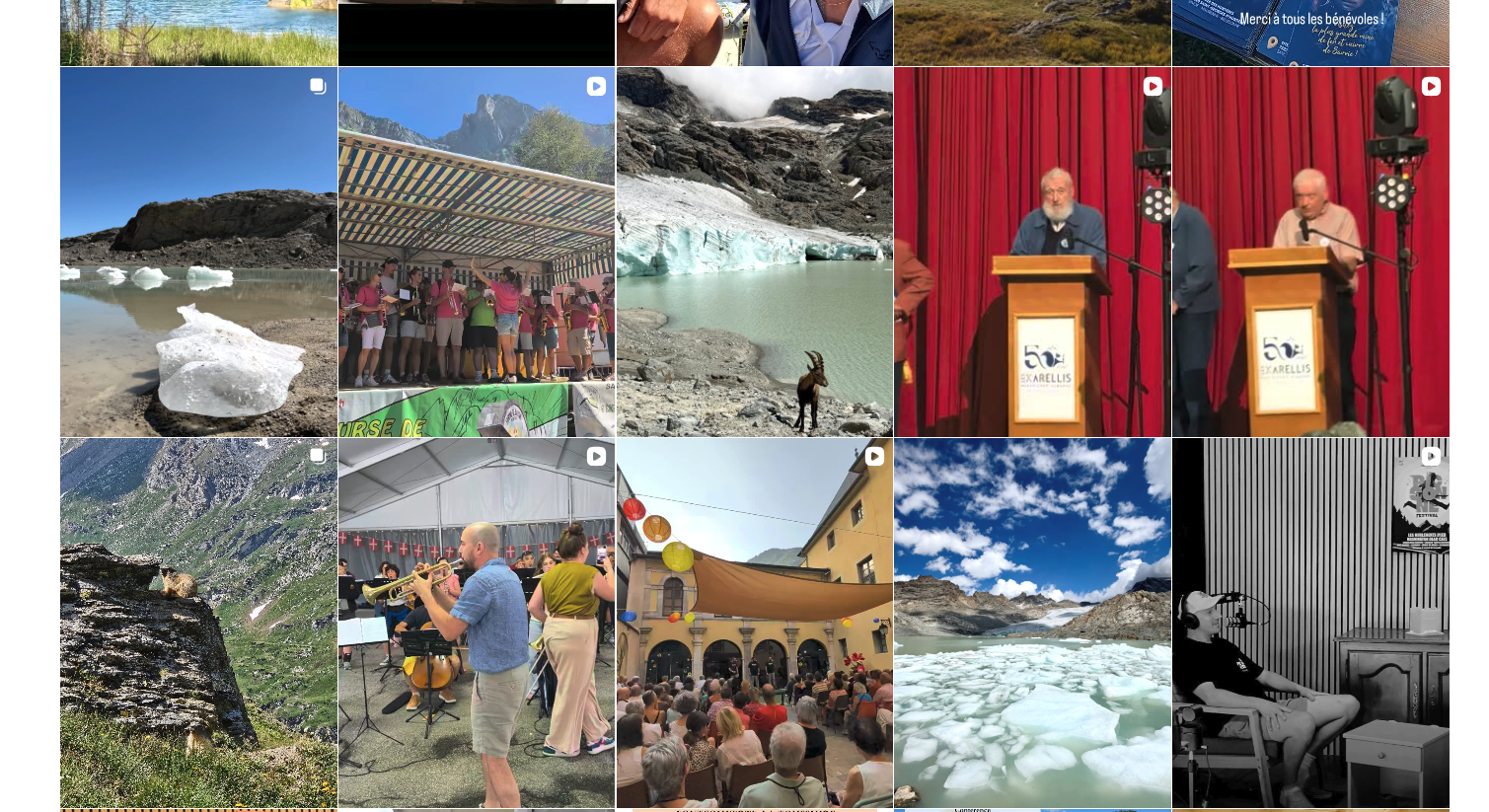 Grille du compte Instagram de #MauriennisezVous : mosaïque de photos et vidéos de la Maurienne (paysages, glaciers, conférences, concerts et événements locaux).