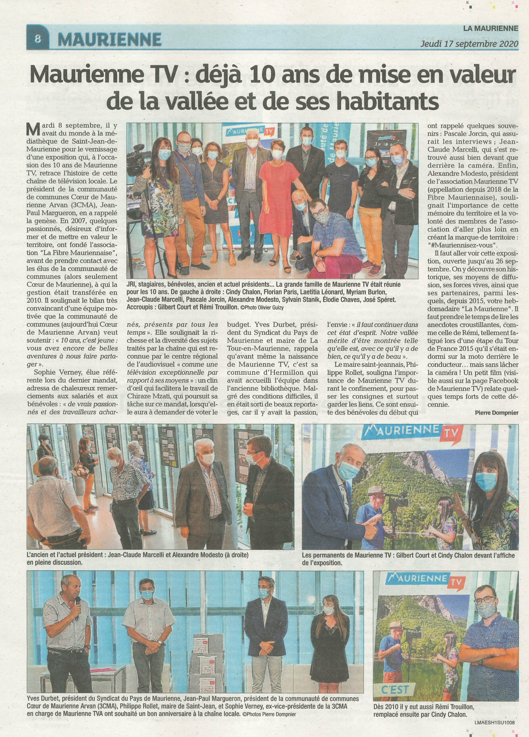 Page 8 du journal La Maurienne du 17 septembre 2020 : l'article « Maurienne TV : déjà 10 ans de mise en valeur de la vallée et de ses habitants », signé Pierre Dompnier, avec la photo de groupe de l'équipe à l'exposition de la médiathèque de Saint-Jean-de-Maurienne