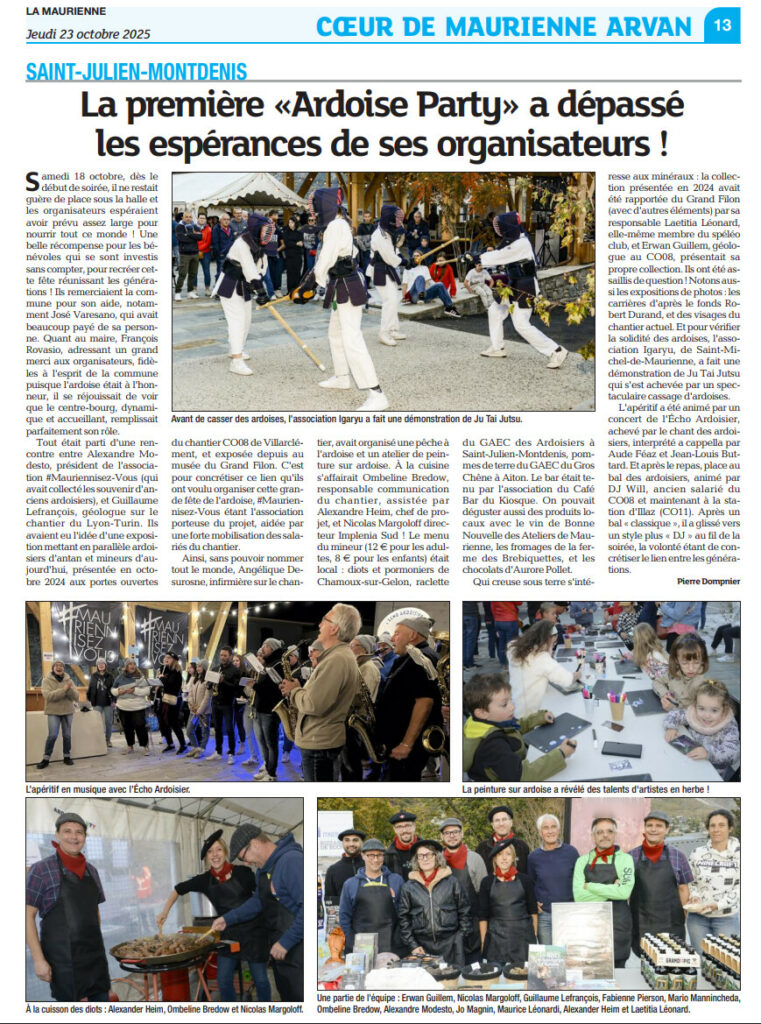 Coupure de La Maurienne du 23 octobre 2025 : « La première Ardoise Party a dépassé les espérances de ses organisateurs ! », avec des photos d'une démonstration de Ju Tai Jutsu, de l'Écho Ardoisier, d'une peinture sur ardoise, de la cuisson des diots et de l'équipe