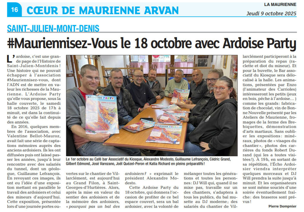 Coupure de La Maurienne du 9 octobre 2025 : « #Mauriennisez-Vous le 18 octobre avec Ardoise Party », avec la photo de huit membres de l'association autour d'une table, tenant l'affiche de l'Ardoise Party