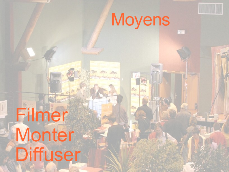 Diapositive « Moyens : filmer, monter, diffuser », photo d'un tournage en salle avec projecteurs lors d'un événement local, projet 2007.