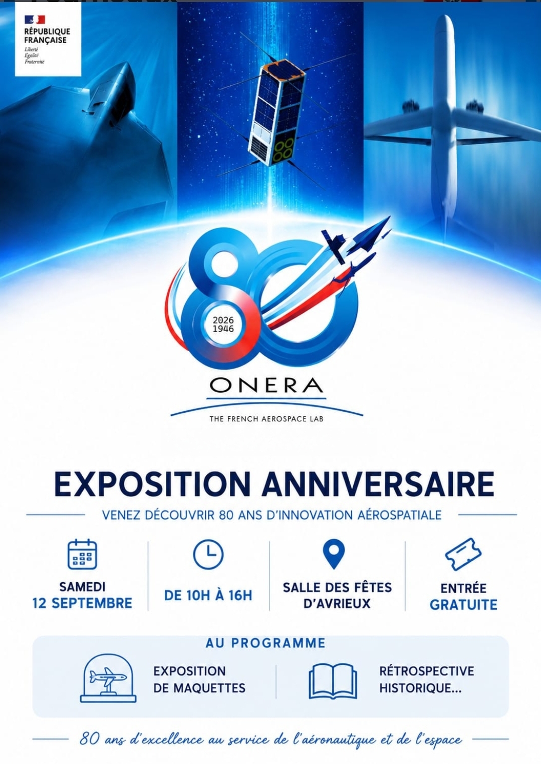 Affiche de l'exposition anniversaire des 80 ans de l'ONERA, samedi 12 septembre 2026, salle des fêtes d'Avrieux