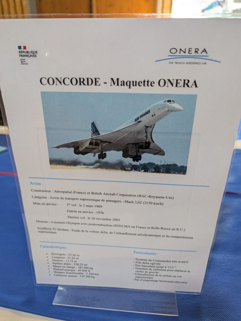 Fiche technique de la maquette Concorde de l'ONERA : avion supersonique Mach 2,02, testé en soufflerie S3 de Modane