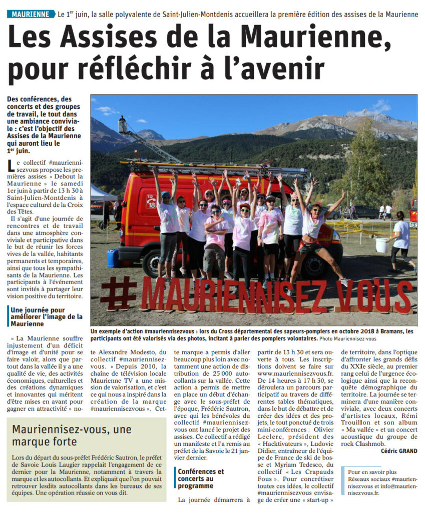 Coupure de presse de juin 2019 : « Les Assises de la Maurienne, pour réfléchir à l'avenir », avec la photo d'un groupe de personnes qui sautent de joie devant un camion de pompiers et les grandes lettres rouges #MAURIENNISEZ VOUS