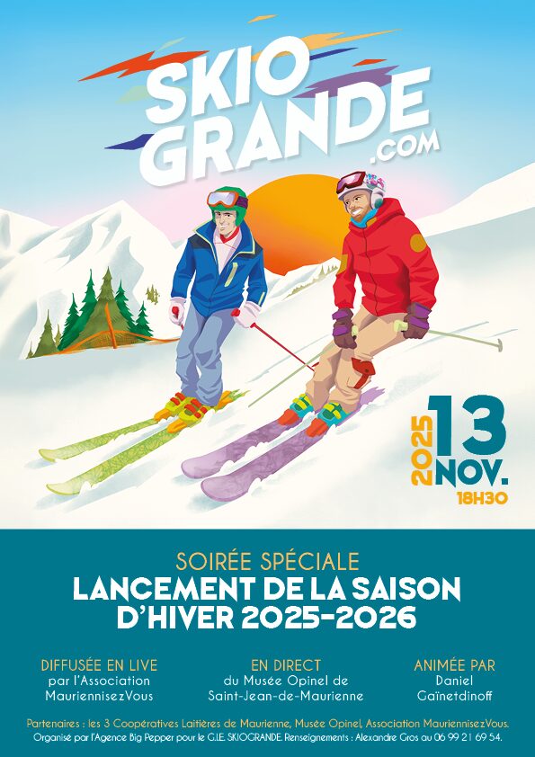 Affiche illustrée de la soirée de lancement de la saison d’hiver 2025-2026 Skiogrande : deux skieurs sur une piste, date du 13 novembre 2025 à 18h30 au Musée Opinel de Saint-Jean-de-Maurienne