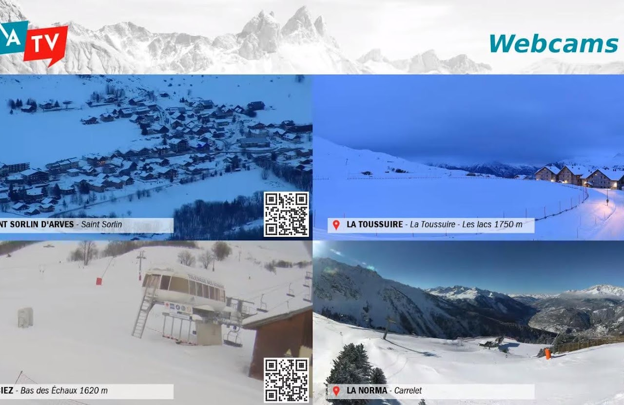 2021, écran de diffusion Maurienne TV présentant quatre webcams de stations (Saint-Sorlin-d'Arves, La Toussuire, Le Corbier, La Norma).