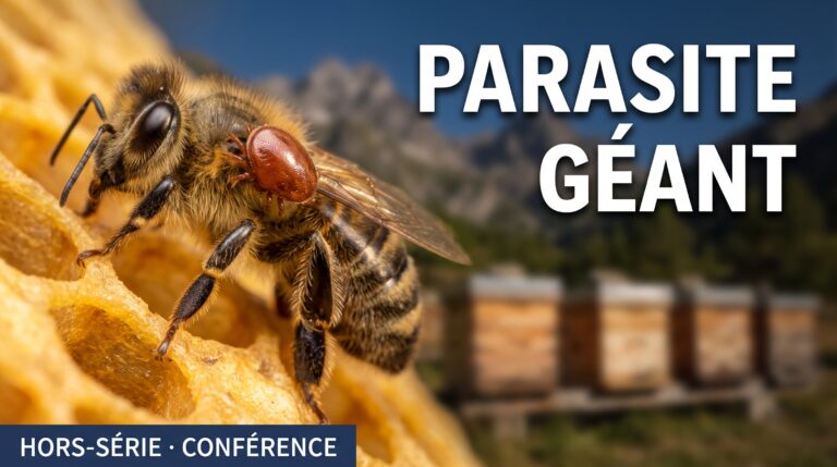Gros plan d'une abeille portant un varroa, un acarien brun rougeâtre fixé sur son thorax, posée sur un rayon de cire doré, avec des ruches floues et des montagnes en arrière-plan. Le texte à l'écran indique « Parasite géant » et « Hors-série · Conférence ».