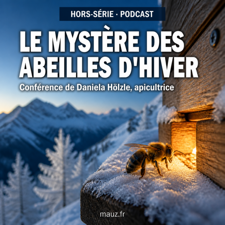 Visuel du hors-série « Le mystère des abeilles d'hiver » : une abeille devant une ruche éclairée, posée sur une planche couverte de givre, sous des montagnes enneigées