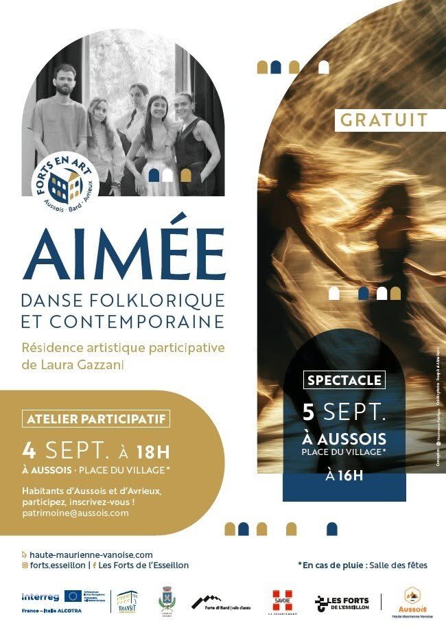 Affiche AIMÉE, danse folklorique et contemporaine, résidence artistique participative de Laura Gazzani : portrait en noir et blanc de cinq personnes, atelier le 4 septembre à 18 h et spectacle le 5 septembre à 16 h place du village à Aussois, gratuit