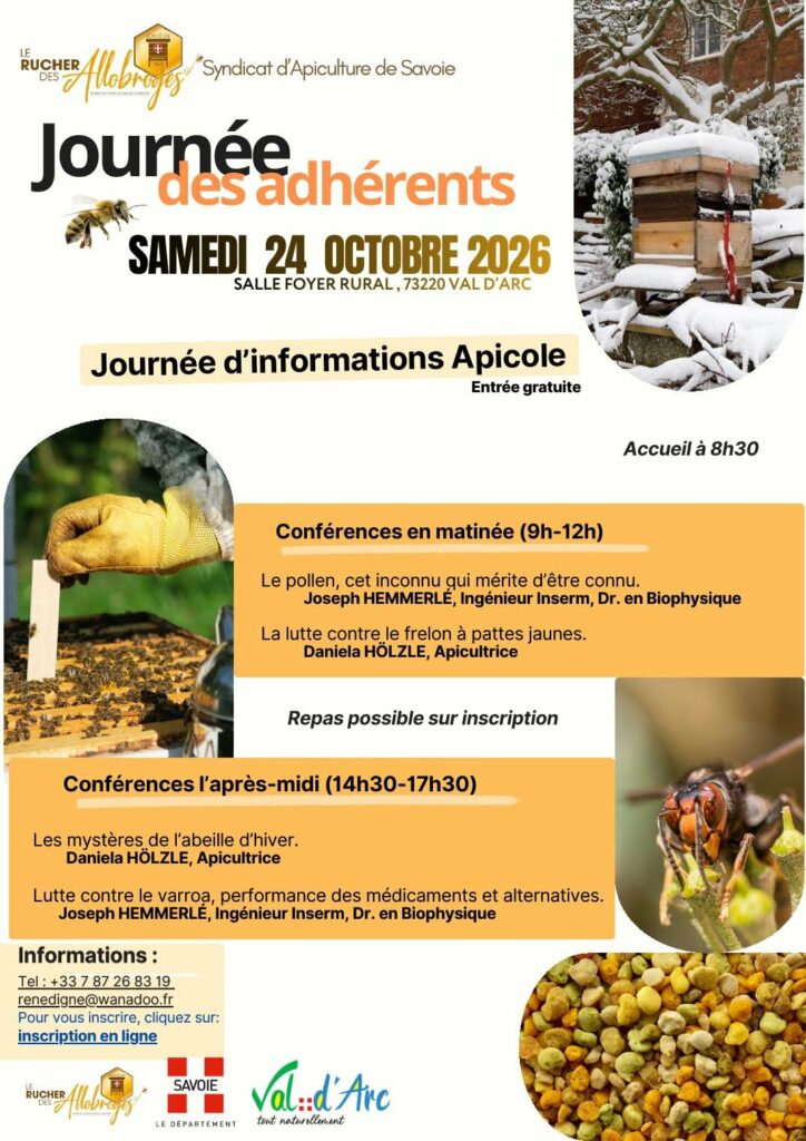 Affiche de la Journée des adhérents du Rucher des Allobroges, syndicat d'apiculture de Savoie : samedi 24 octobre 2026, salle du Foyer rural de Val d'Arc, conférences sur le pollen, le frelon à pattes jaunes, l'abeille d'hiver et le varroa