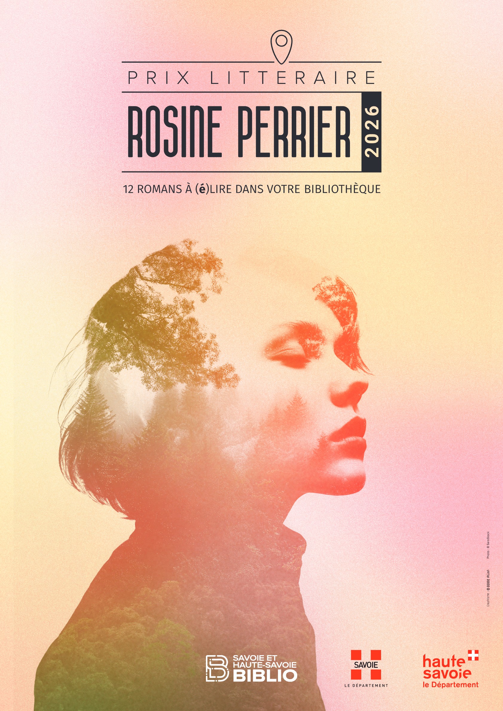 Affiche du Prix littéraire Rosine Perrier 2026, « 12 romans à (é)lire dans votre bibliothèque » : portrait de profil se fondant dans une forêt, logos de Savoie et Haute-Savoie Biblio