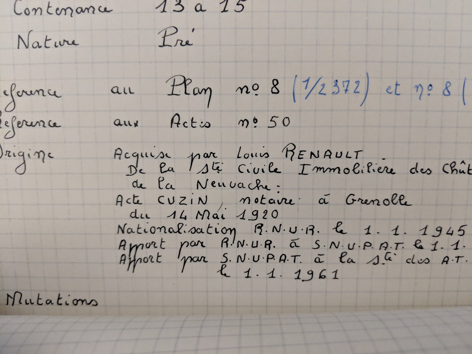 Fiche manuscrite d'un terrain acquis par Louis Renault auprès de la Société civile immobilière des Chutes de la Neuvache en 1920