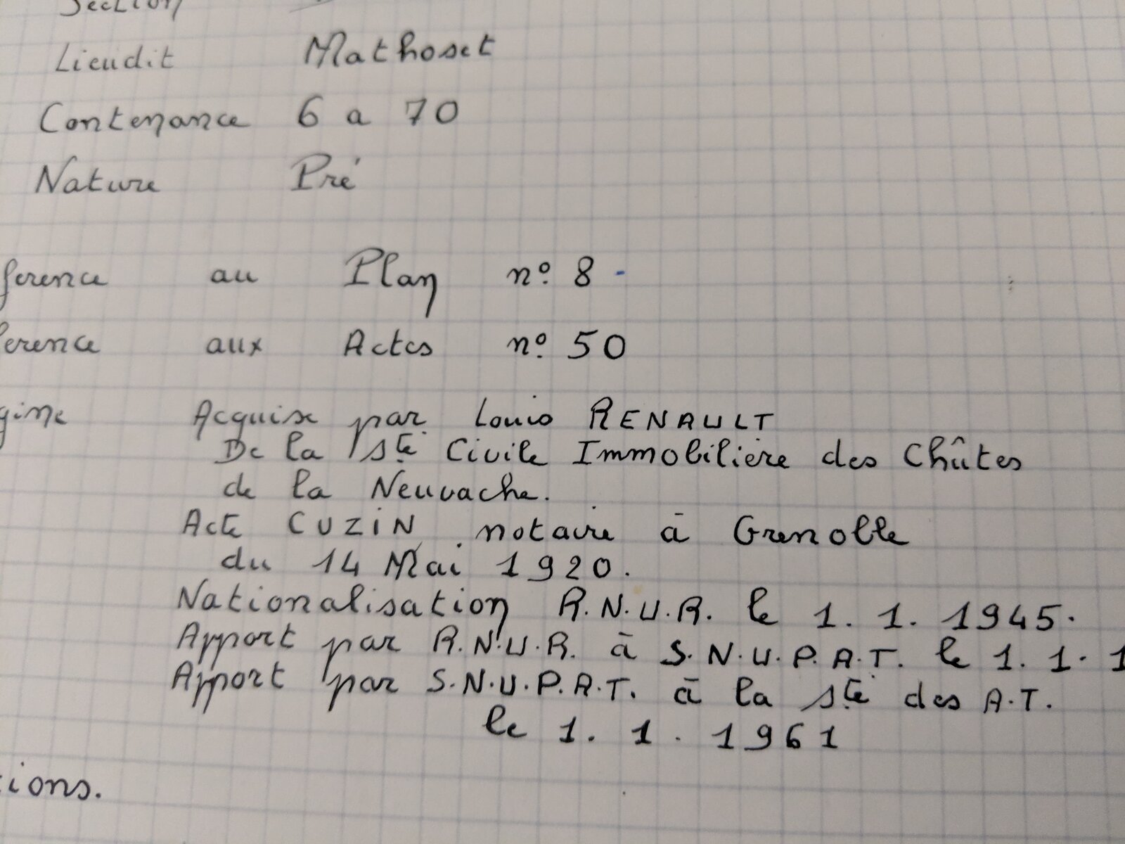 Autre fiche manuscrite de terrain près de la prise d'eau de la Neuvache, avec la nationalisation de 1945 et l'apport de 1961