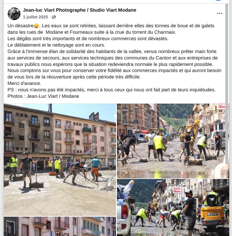Capture de la publication Facebook de Jean-Luc VIART du 1er juillet 2025 : son texte sur la crue du Charmaix et quatre photos d'habitants et d'agents en gilet jaune raclant la boue dans une rue, devant des immeubles et une pelleteuse
