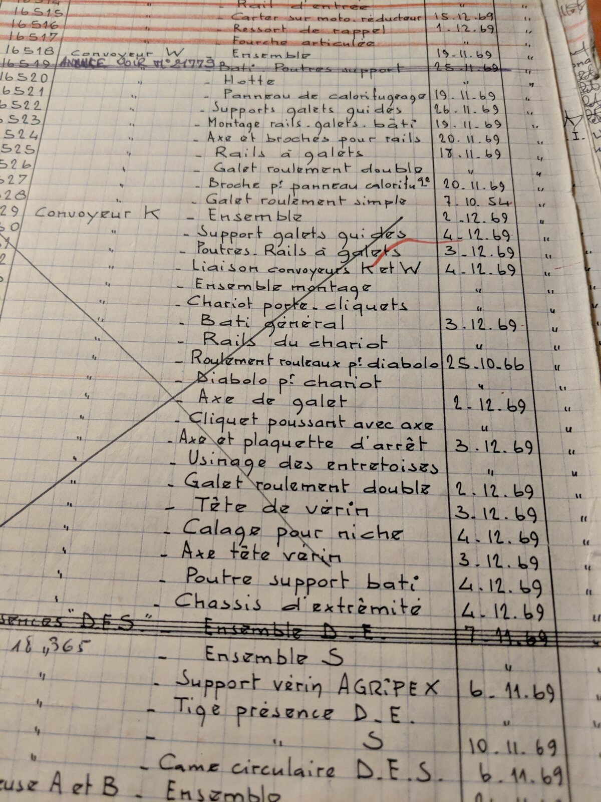 Page d'un registre manuscrit de 1969 listant des pièces de convoyeurs, galets, rails et vérins, avec leurs dates