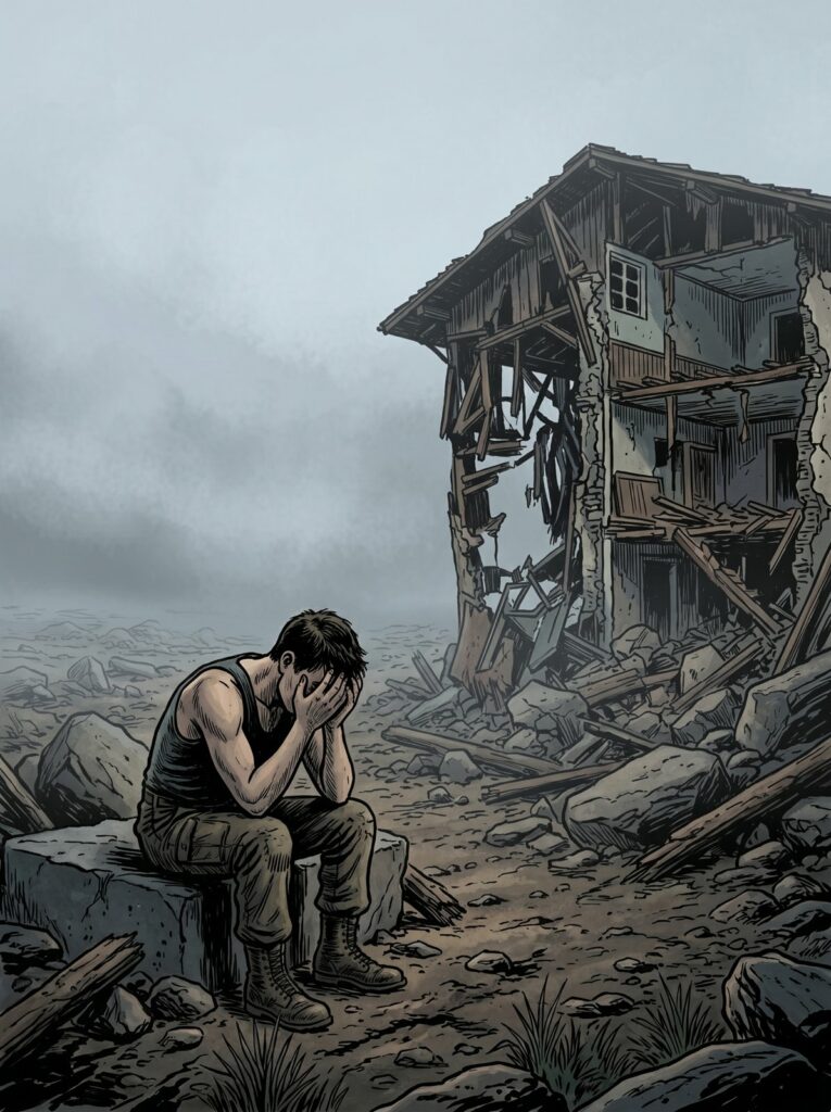 Illustration : un homme assis sur un bloc de pierre, la tête dans les mains, devant une maison éventrée au milieu des gravats, dans la brume