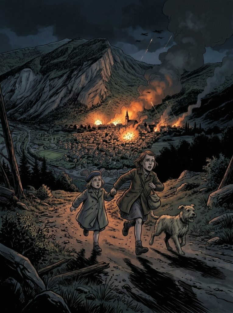 Illustration : deux fillettes se tenant par la main fuient sur un chemin de montagne, un sac en bandoulière, suivies d'un chien, tandis que la ville en contrebas brûle sous les bombes